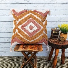 HKM-681235 Colorful Geometric Tufted Tassel Pillow Cover, 45x45CM Cotton Cushion Case in Brown and Blue