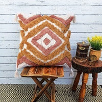 HKM-681235 Colorful Geometric Tufted Tassel Pillow Cover, 45x45CM Cotton Cushion Case in Brown and Blue