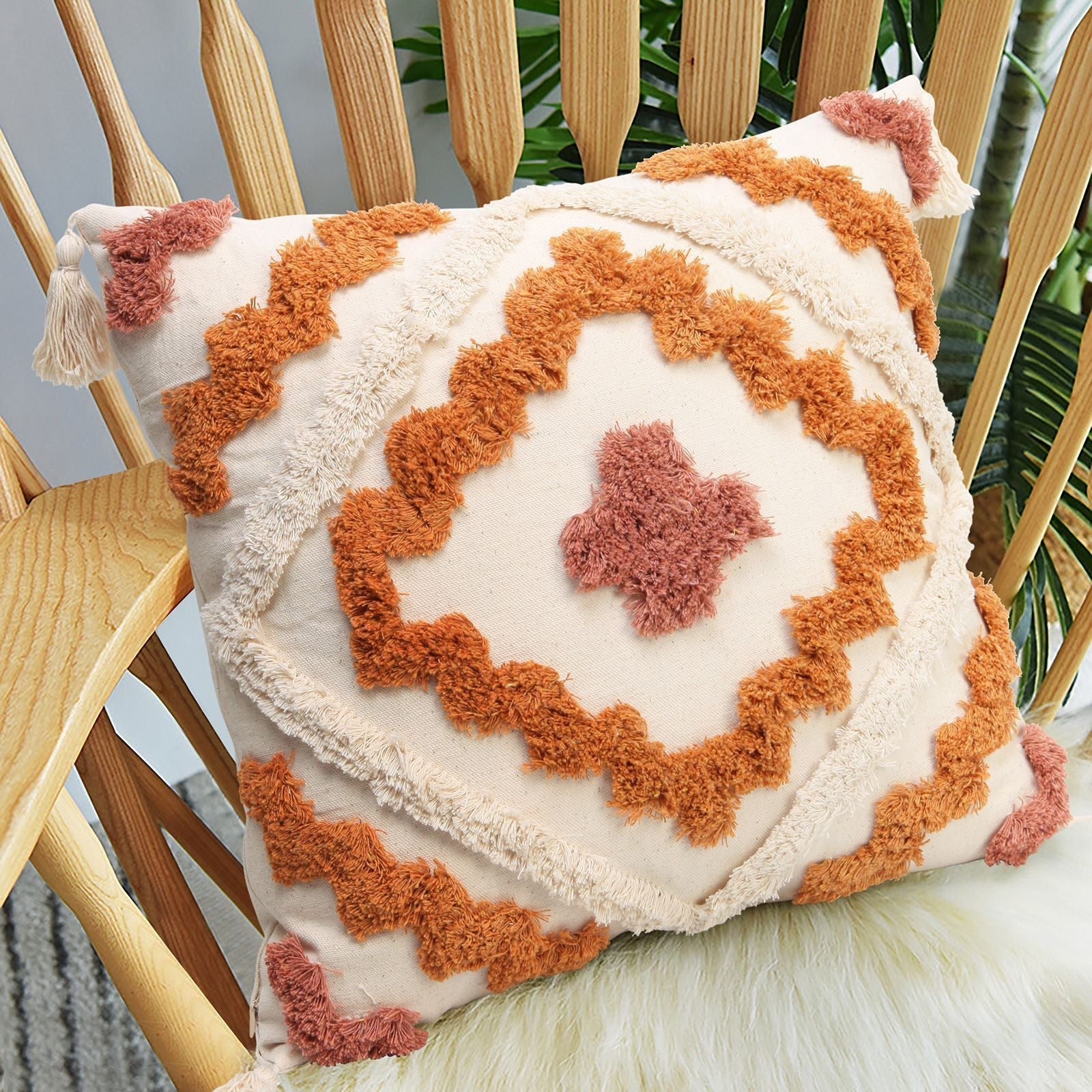 HKM-681235 Colorful Geometric Tufted Tassel Pillow Cover, 45x45CM Cotton Cushion Case in Brown and Blue