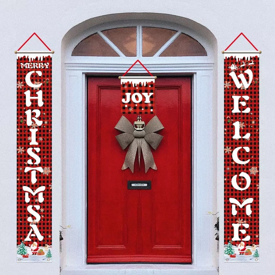 HKM-681939 Christmas Decorative Banner Set - Santa, Snowman, Moose & Elf Designs on Oxford Cloth and Polyester for Holiday Celebrations