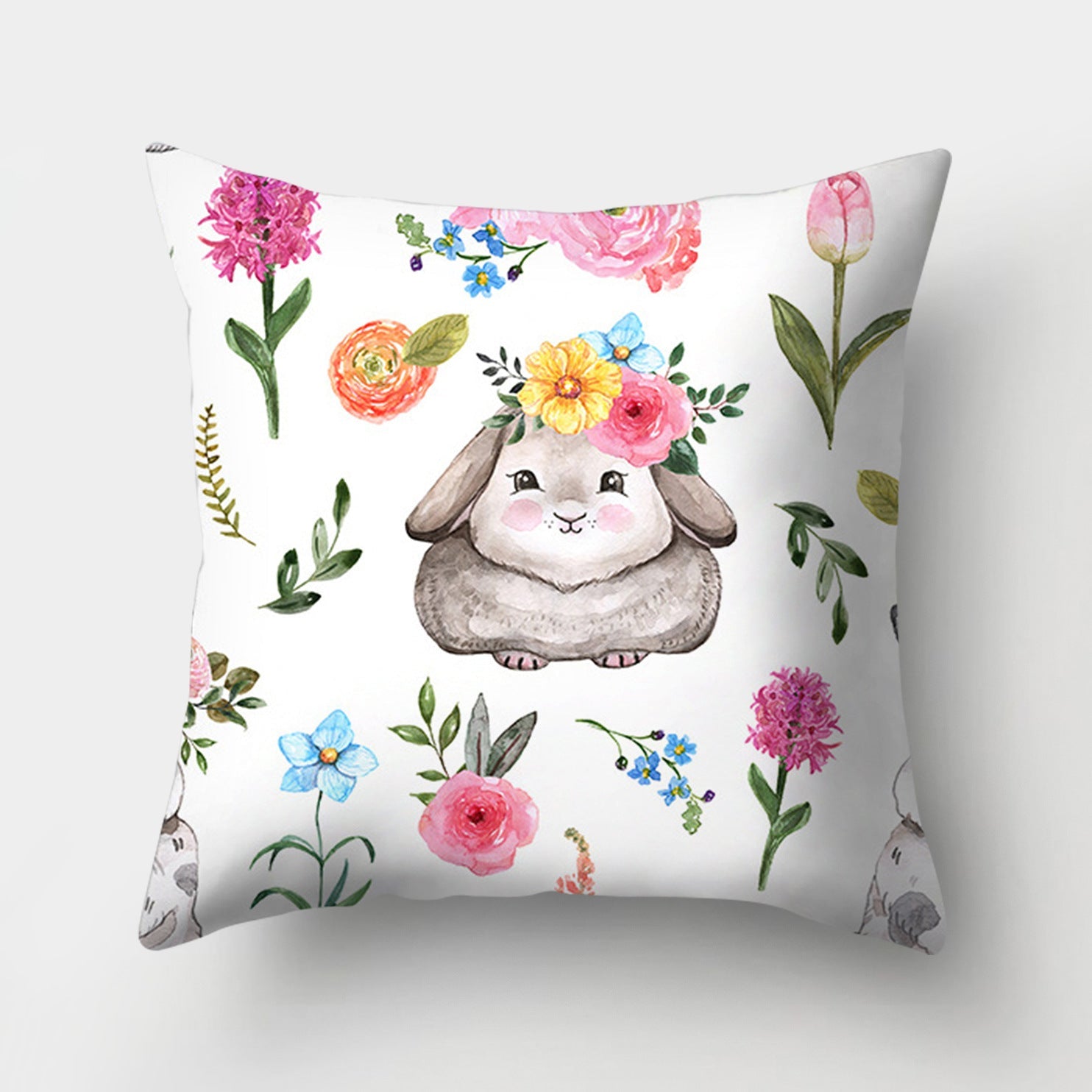HKM-682131 Easter Bunny Watercolor Garland Pillow Cover in Peach Skin Fabric - 45x45 cm, Modern Style