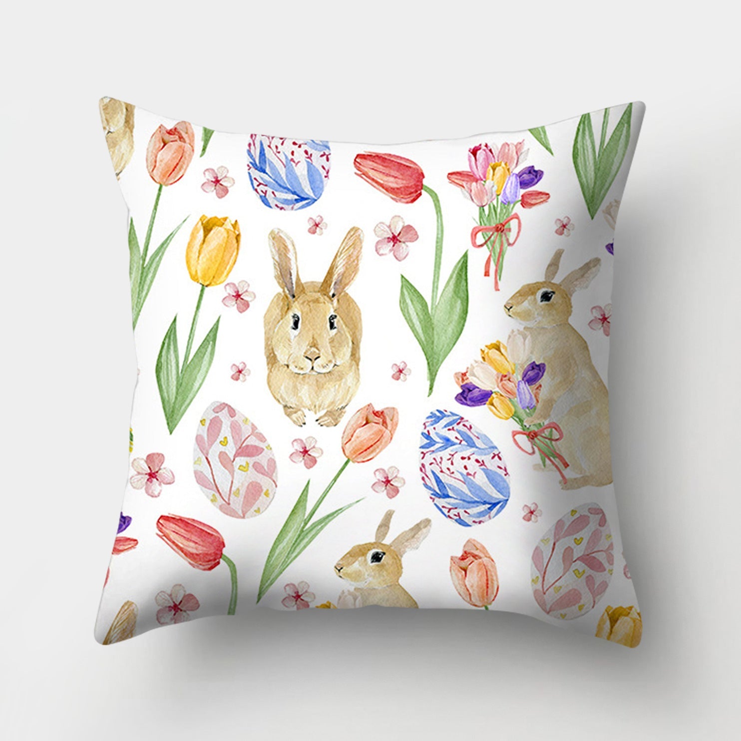 HKM-682131 Easter Bunny Watercolor Garland Pillow Cover in Peach Skin Fabric - 45x45 cm, Modern Style