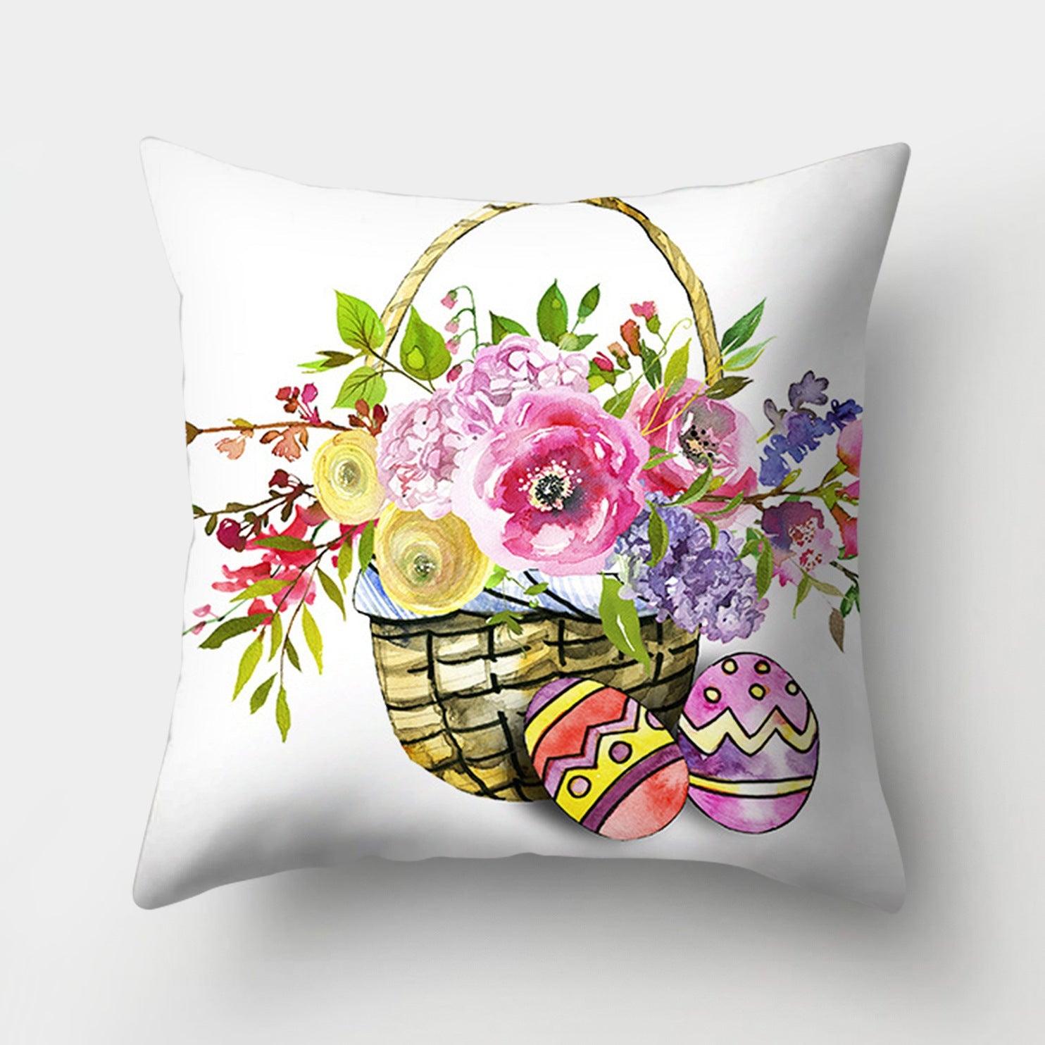 HKM-682131 Easter Bunny Watercolor Garland Pillow Cover in Peach Skin Fabric - 45x45 cm, Modern Style
