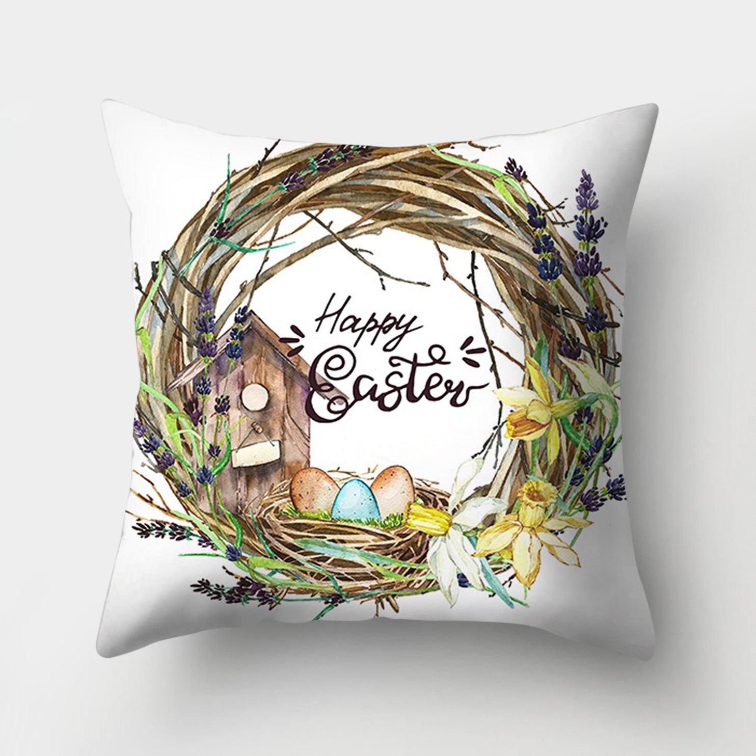 HKM-682131 Easter Bunny Watercolor Garland Pillow Cover in Peach Skin Fabric - 45x45 cm, Modern Style