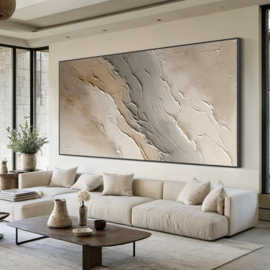 HKM-682259 Abstract Beige Grey Hand-Painted Oil Painting on Canvas for Home Decor, Unstretched and Frameless