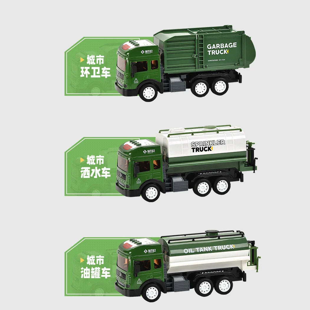 HKM-682579 Alloy Sanitation Truck Model with Pull Back Action, Light & Sound Features for Kids