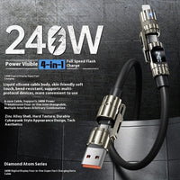 HKM-682579 Four-in-One 240W Super Fast Charge Data Cable with Lightning and TYPE-C Interfaces, 1.5m Silicone Construction