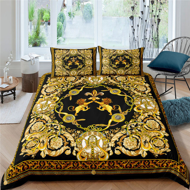 HKM-682643 European-Style Printed Linen Quilt Bedding Set with Duvet Cover and Pillow Cases