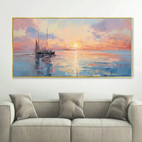 HKM-683411 Handmade Abstract Oil Painting of Sunrise Over Sea for Living Room and Home Decor, Unstretched Canvas