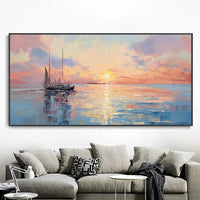 HKM-683411 Handmade Abstract Oil Painting of Sunrise Over Sea for Living Room and Home Decor, Unstretched Canvas