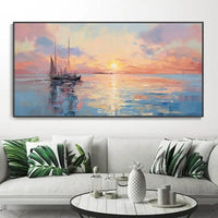 HKM-683411 Handmade Abstract Oil Painting of Sunrise Over Sea for Living Room and Home Decor, Unstretched Canvas