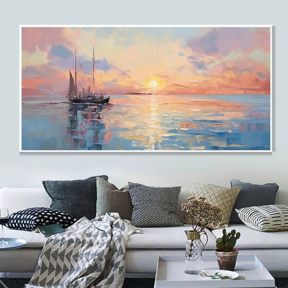 HKM-683411 Handmade Abstract Oil Painting of Sunrise Over Sea for Living Room and Home Decor, Unstretched Canvas