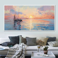 HKM-683411 Handmade Abstract Oil Painting of Sunrise Over Sea for Living Room and Home Decor, Unstretched Canvas