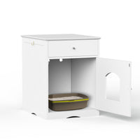 HKM-683475 Wooden Cat Litter Box Enclosure with Drawers and Indoor Side Table, White