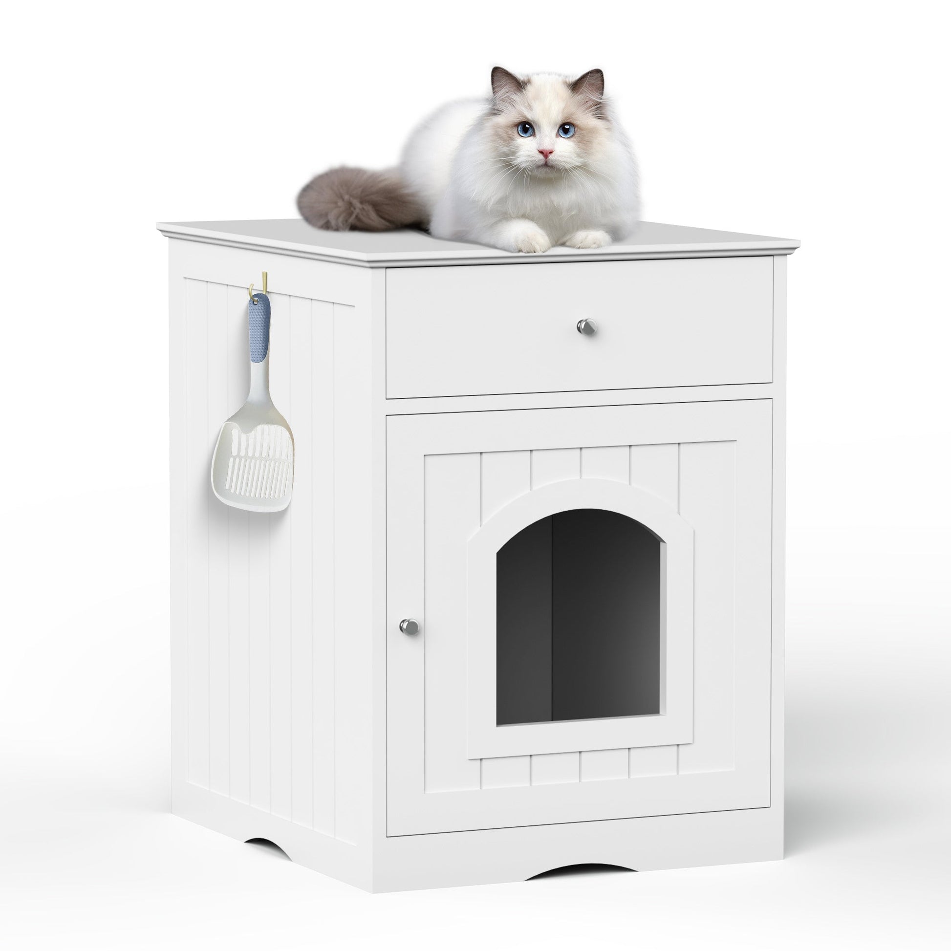 HKM-683475 Wooden Cat Litter Box Enclosure with Drawers and Indoor Side Table, White