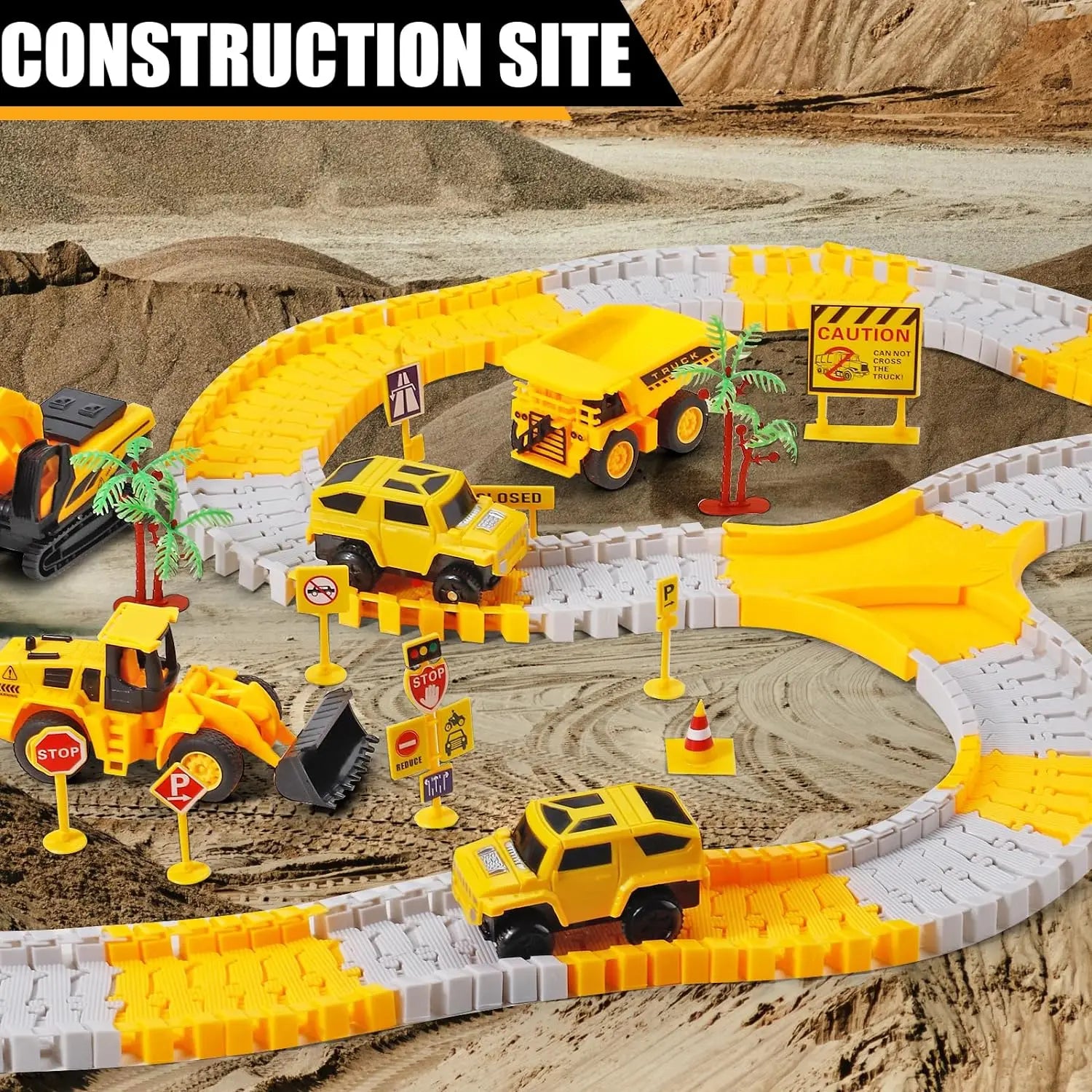 HKM-684435 Construction Race Track Set with Electric Vehicles - 239 to 345 Pieces Slot Toy for Ages 2 to 13