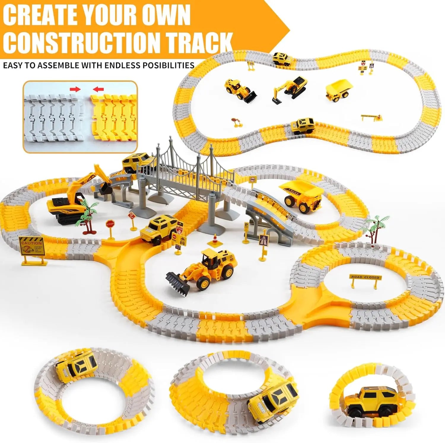 HKM-684435 Construction Race Track Set with Electric Vehicles - 239 to 345 Pieces Slot Toy for Ages 2 to 13
