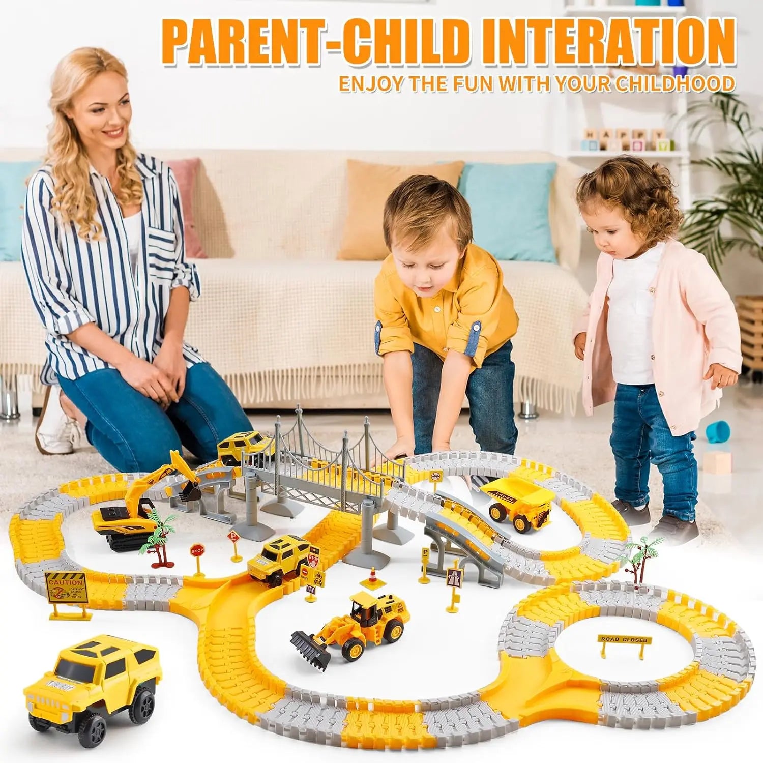 HKM-684435 Construction Race Track Set with Electric Vehicles - 239 to 345 Pieces Slot Toy for Ages 2 to 13