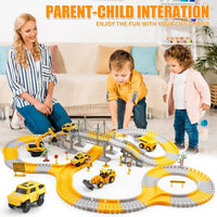 HKM-684435 Construction Race Track Set with Electric Vehicles - 239 to 345 Pieces Slot Toy for Ages 2 to 13