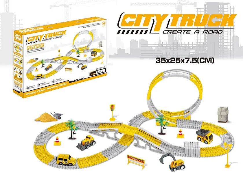 HKM-684435 Construction Race Track Set with Electric Vehicles - 239 to 345 Pieces Slot Toy for Ages 2 to 13