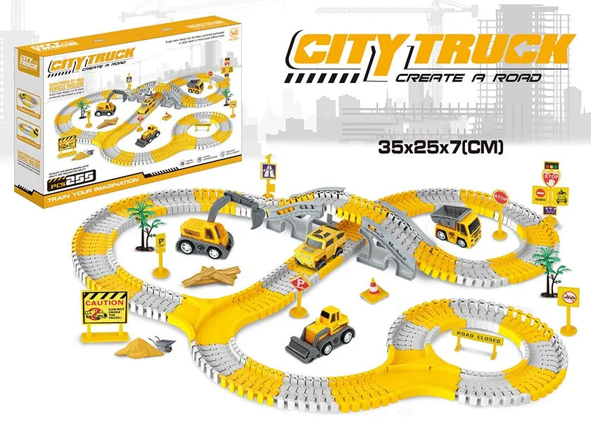 HKM-684435 Construction Race Track Set with Electric Vehicles - 239 to 345 Pieces Slot Toy for Ages 2 to 13