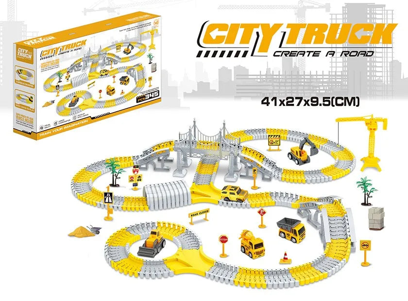 HKM-684435 Construction Race Track Set with Electric Vehicles - 239 to 345 Pieces Slot Toy for Ages 2 to 13