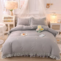 HKM-684435 Summer Ruffled Cotton Four-Piece Bedding Set with Heart Embroidery and Floral Quilt Cover