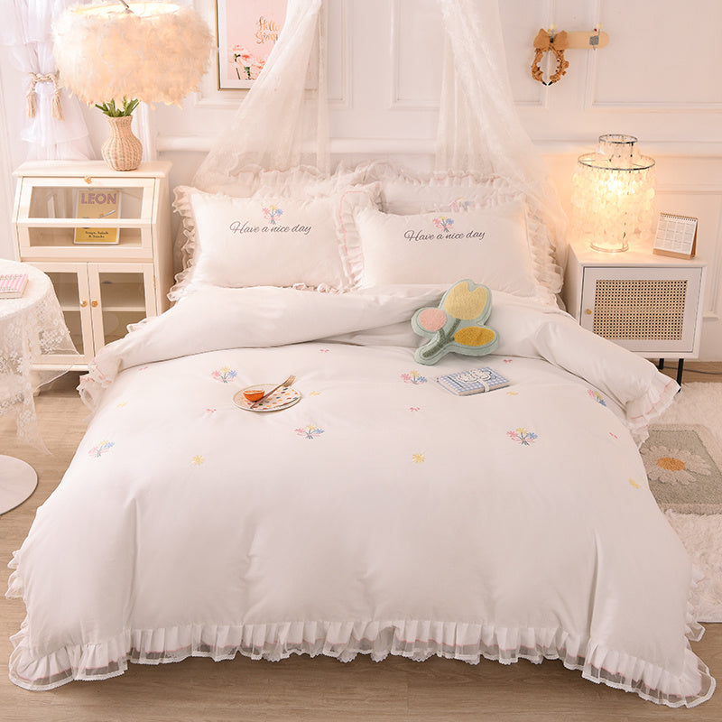 KTX-684435 Summer Ruffled Cotton Four-Piece Bedding Set with Heart Embroidery and Floral Quilt Cover