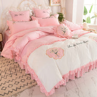 HKM-684435 Summer Ruffled Cotton Four-Piece Bedding Set with Heart Embroidery and Floral Quilt Cover
