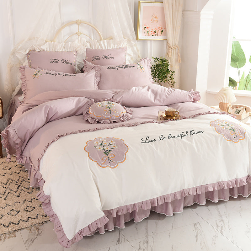 KTX-684435 Summer Ruffled Cotton Four-Piece Bedding Set with Heart Embroidery and Floral Quilt Cover