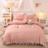 HKM-684435 Summer Ruffled Cotton Four-Piece Bedding Set with Heart Embroidery and Floral Quilt Cover