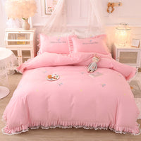 HKM-684435 Summer Ruffled Cotton Four-Piece Bedding Set with Heart Embroidery and Floral Quilt Cover