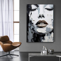 HKM-684563 Handmade Black and White Oil Painting Canvas Art - Abstract Portrait for Home Decor