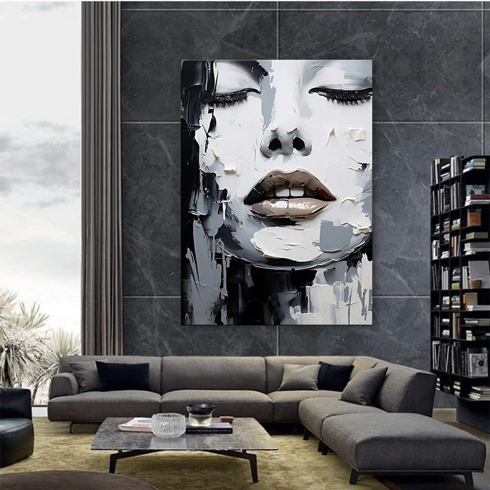 HKM-684563 Handmade Black and White Oil Painting Canvas Art - Abstract Portrait for Home Decor