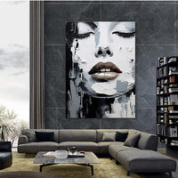 HKM-684563 Handmade Black and White Oil Painting Canvas Art - Abstract Portrait for Home Decor