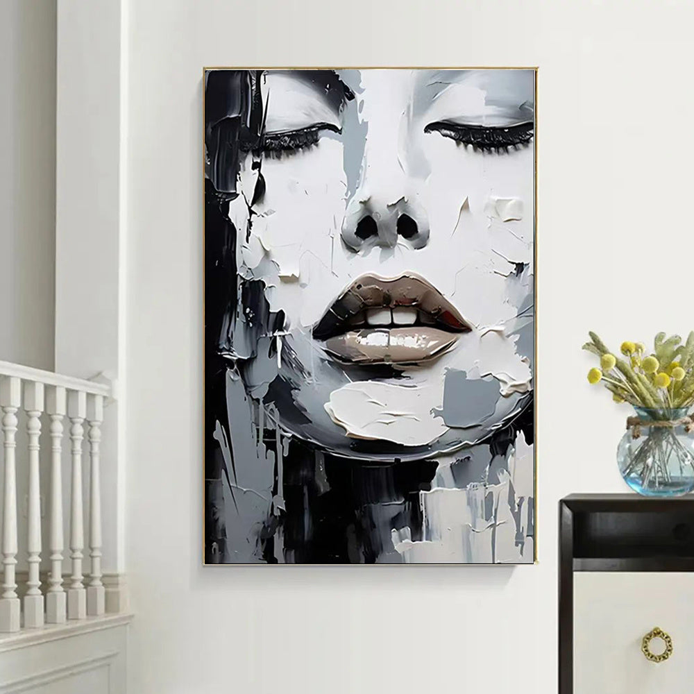 HKM-684563 Handmade Black and White Oil Painting Canvas Art - Abstract Portrait for Home Decor