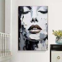 HKM-684563 Handmade Black and White Oil Painting Canvas Art - Abstract Portrait for Home Decor
