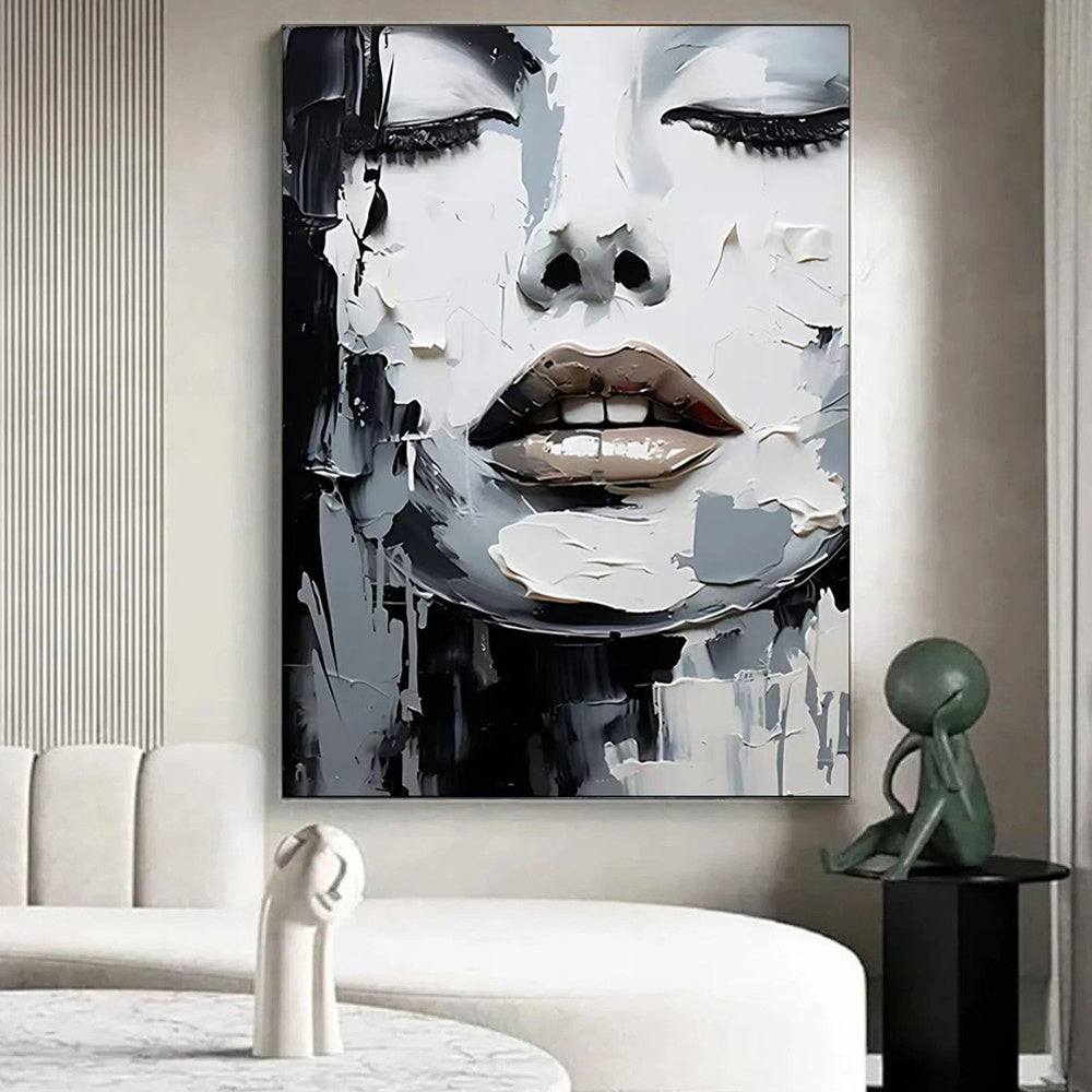 HKM-684563 Handmade Black and White Oil Painting Canvas Art - Abstract Portrait for Home Decor