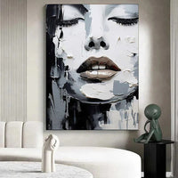 HKM-684563 Handmade Black and White Oil Painting Canvas Art - Abstract Portrait for Home Decor