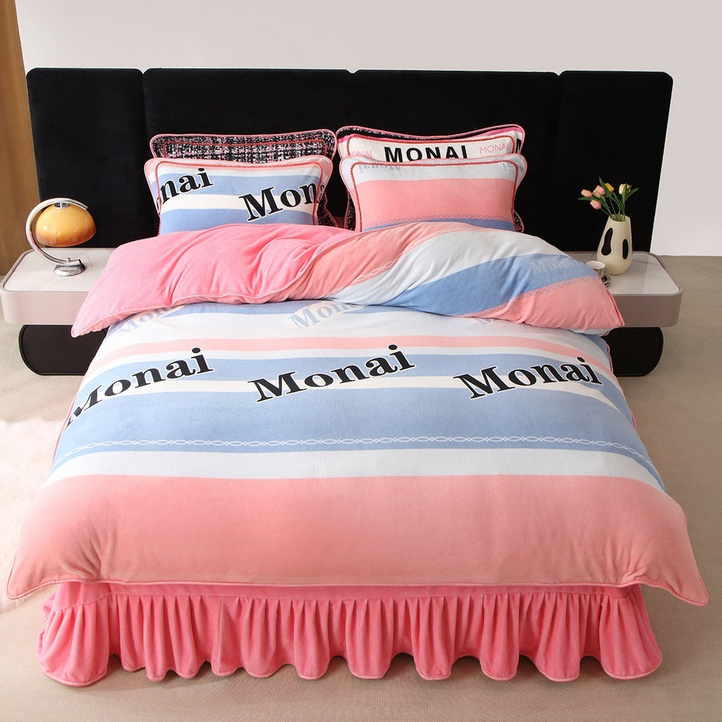 HKM-684627 Milk Fiber Modern Printed Four-Piece Bedding Set for 1.5m, 1.8m, and 2.0m Beds