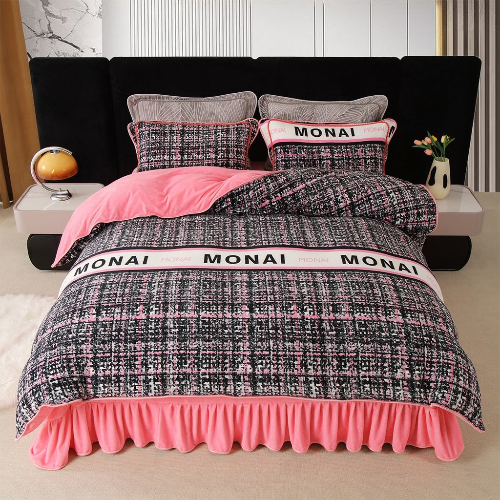 HKM-684627 Milk Fiber Modern Printed Four-Piece Bedding Set for 1.5m, 1.8m, and 2.0m Beds