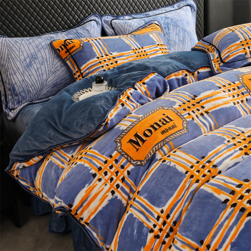 HKM-684627 Milk Fiber Modern Printed Four-Piece Bedding Set for 1.5m, 1.8m, and 2.0m Beds