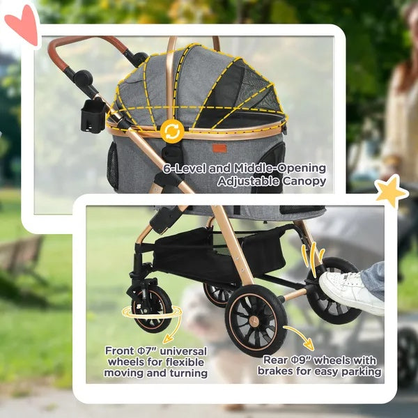 HKM-684819 3-in-1 Lightweight Pet Stroller with Detachable Cabin, All-Terrain Mobility for Small Dogs, Gray