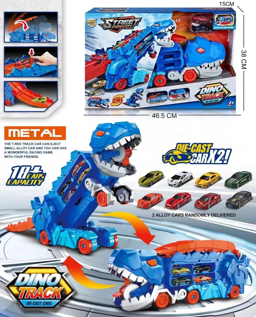 HKM-685267 Dinosaur Transporter Truck with Transforming T-Rex Diecast Vehicle for Kids Ages 2 and Up