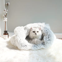 HKM-685587 Cozy Grey Plush Cat Sleeping Bag with Printed Rabbit Fur