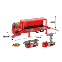 HKM-685587 Electric Light & Sound Red Friction Fire Truck Toy with 2 Die-Cast Cars for Kids 2-7 Years