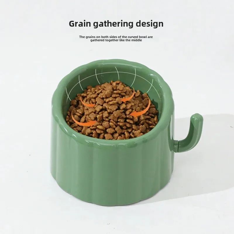 HKM-685651 Solid Color High-Stand Anti-Slip Cat Bowl with Cactus Design, Large Mouth and Anti-Overturn Feature