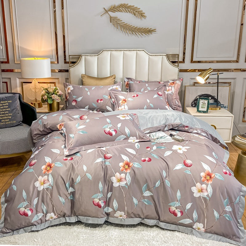 HKM-685779 Washed Silk Printed Four-Piece Bedding Set in Tencel Satin for Spring and Summer