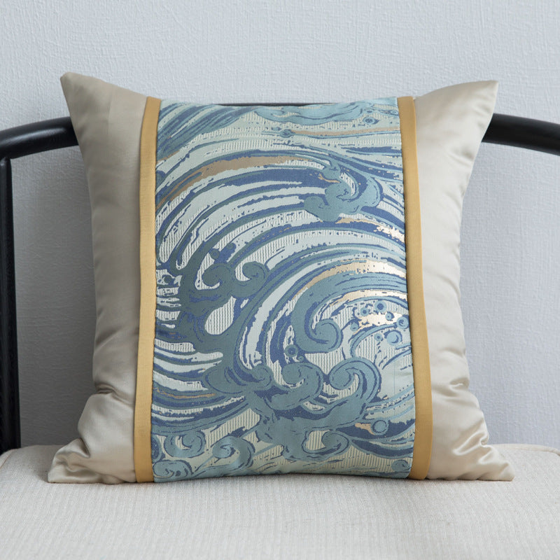 HKM-685843 Blue Satin Jacquard Patchwork Pillowcase with Feather Down Core, 45x45cm