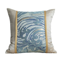 HKM-685843 Blue Satin Jacquard Patchwork Pillowcase with Feather Down Core, 45x45cm